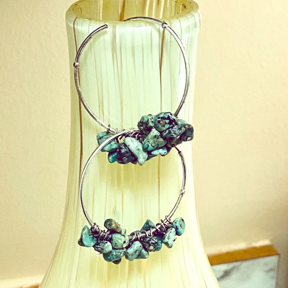 Hoop earrings with dangling turquoise stone